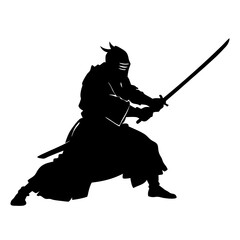 Canvas Print - a sword warrior standing in an action pose as a black color silhouette isolated on a white background