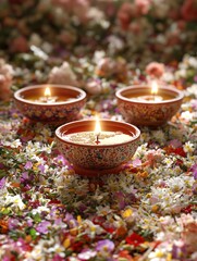 Diwali diya oil lamps with flowers holiday background. Creating a festive and decorative composition.