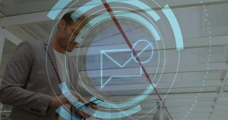 Poster - Animation of data processing and envelope over caucasian man using smartphone