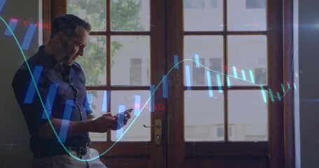 Poster - Animation of data processing and diagrams over caucasian man using smartphone