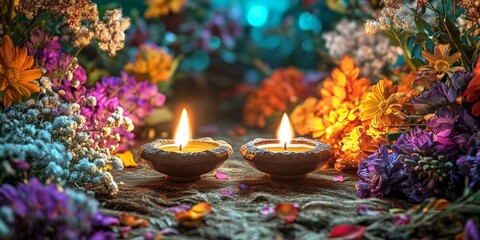 Diwali diya oil lamps with flowers holiday background. Creating a festive and decorative composition.