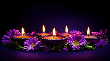 Diwali diya oil lamps with flowers holiday background. Creating a festive and decorative composition.