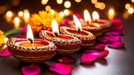 Diwali diya oil lamps with flowers holiday background. Creating a festive and decorative composition.