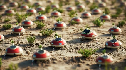 An arid landscape dotted with small patches of green, where mini robots move from plant to plant, checking soil moisture levels and releasing water as needed.