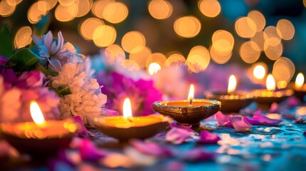 Diwali diya oil lamps with flowers holiday background. Creating a festive and decorative composition.