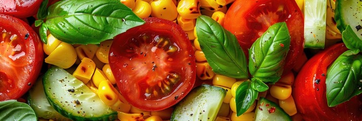 Wall Mural - Vibrant and Healthy Vegetarian Salad Featuring Tomato, Sweet Corn, Cucumber, and Basil