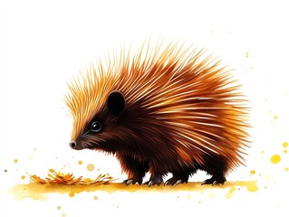 Porcupine clipart, autumn animal, watercolor illustration, sharp lines, foraging for food, isolated on white background