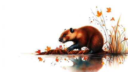 Bear clipart, autumn animal, watercolor illustration, defined edges, surrounded by autumn trees, isolated on white background