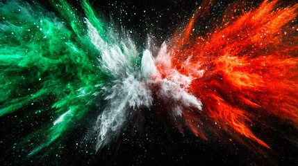Wall Mural - A bright explosion of green, white and red powdery paints. The concept of the flag of Italy. An abstract cosmic explosion in the black sky. Amazing background