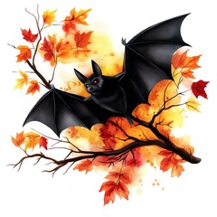 Bat clipart, autumn animal, watercolor illustration, sharp lines, flying over autumn trees, isolated on white background