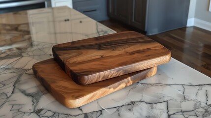 Two wooden cutting boards on a marble counter top.