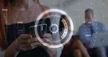 Poster - Animation of data processing and scope scanning over caucasian woman using smartphone