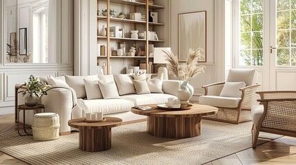 A living room with a white couch, two chairs and two round wooden coffee tables.