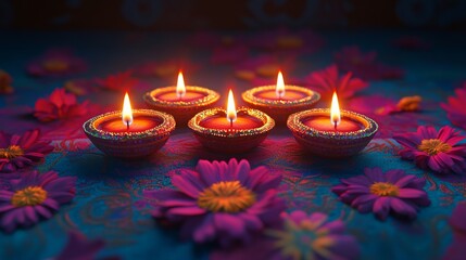 Diwali diya oil lamps with flowers holiday background. Creating a festive and decorative composition.