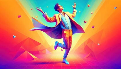 Wall Mural - a man in a stylish outfit, dynamic pose with arms raised, colorful gradient background, digital art style, vibrant colors, low poly 3D render