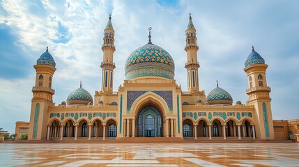 A grand mosque with intricate tiled domes and minarets