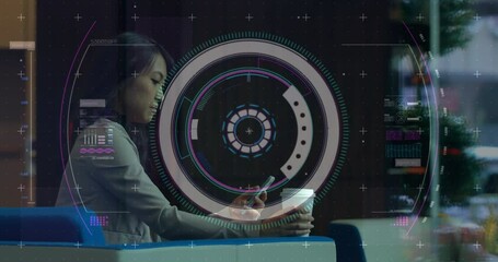 Poster - Animation of data processing and scope scanning over biracial woman using smartphone
