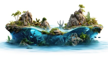 Wall Mural - A lush tropical island rises from the crystal clear water, with palm trees swaying in the breeze and vibrant coral reefs teeming with life beneath the