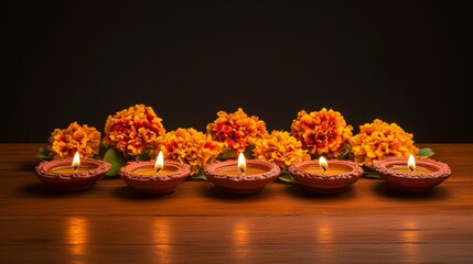 Diwali diya oil lamps with flowers holiday background. Creating a festive and decorative composition.