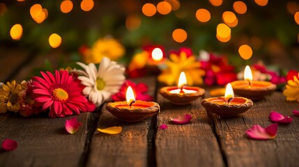 Diwali diya oil lamps with flowers holiday background. Creating a festive and decorative composition.