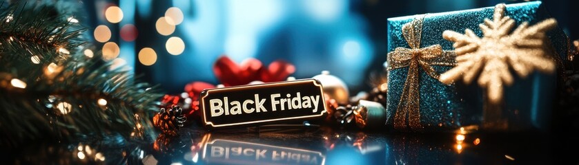 festive black friday scene with colorful decorations, a gift box, and glowing lights celebrating hol