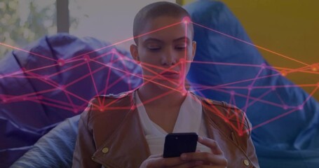 Poster - Animation of network of connections over biracial woman using smartphone