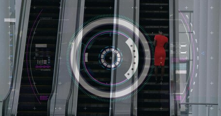 Poster - Animation of data processing and scope scanning over diverse businesswomen using escalator