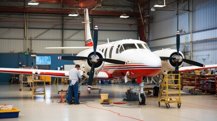 A small plane sits in a hangar, with a worker standing nearby. The plane is white with red and blue stripes, and it has a large propeller.