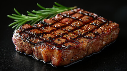 Wall Mural - Perfectly grilled steak with rosemary sprig.