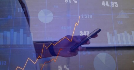 Poster - Animation of data processing and diagrams over biracial man using smartphone