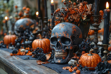 Wall Mural - A spooky Halloween table setting with a skull and pumpkins.