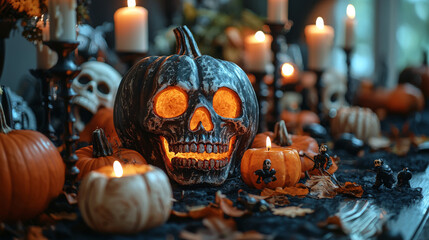 Wall Mural - Spooky Halloween pumpkins with skull faces and glowing candles.