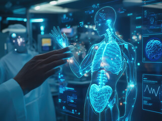 Poster - A doctor is standing in front of an interactive digital display showing detailed images and data about the human body