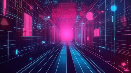 A Futuristic Corridor with Pink and Blue Neon Lights