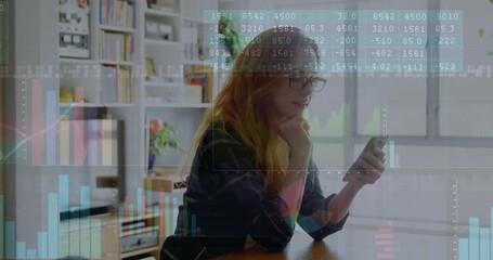 Poster - Animation of diagrams and data processing over caucasian businesswoman using smartphone