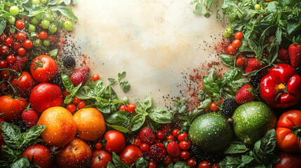 Fresh vegetables and fruit arranged on a light background.