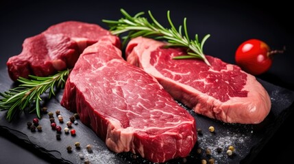 Close-up of three raw beef steaks on a black slate surface. The steaks are surrounded by fresh rosemary sprigs and peppercorns.