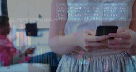 Poster - Animation of diagrams and data processing over caucasian businesswoman using smartphone