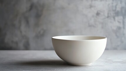 A white ceramic bowl on a gray surface with a gray wall in the background.