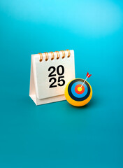 Poster - happy new year 2025 with business goals and successful concept. 2025 number on white desk calendar w