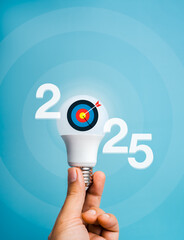 Poster - happy 2025 new year with creative idea, business market goal, innovation and trends concept. target 