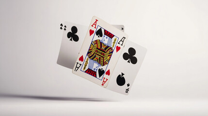 Aces flying through the air in a dynamic card trick performance by an unseen magician