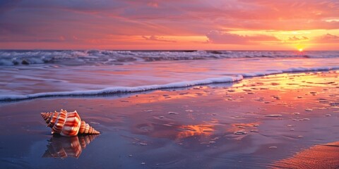 Wall Mural - A shell is laying on the beach at sunset