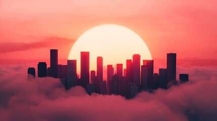 Silhouette of city skyline against a vibrant sunset with clouds and warm colors. Concept of urban landscape and natural beauty