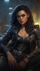 Sticker - villainess woman with black hair in a leather jacket and beautiful silver biker jewelry, proudly sits on chopper motorcycle, focus front, AI Generative