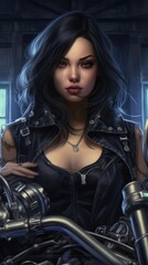 Poster - villainess woman with black hair in a leather jacket and beautiful silver biker jewelry, proudly sits on chopper motorcycle, focus front, AI Generative