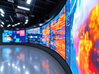 Futuristic data visualizations displayed on large screens in a modern control room showcasing advanced technology.