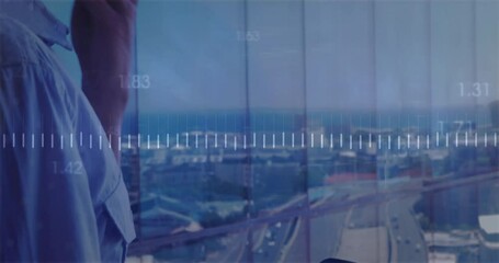 Poster - Animation of diagrams and data processing over caucasian businessman using smartphone