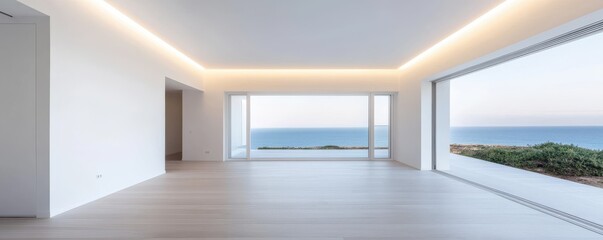 Modern interior design featuring expansive windows with ocean views, minimalistic aesthetics, and bright open space.