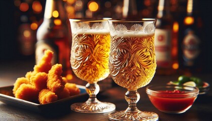 Two crystal beer glasses filled with golden lager, intricate rosette patterns etched on the glasses, a plate of breaded fried shrimp or prawns with a spicy chili sauce, blurred liquor bottles in the b